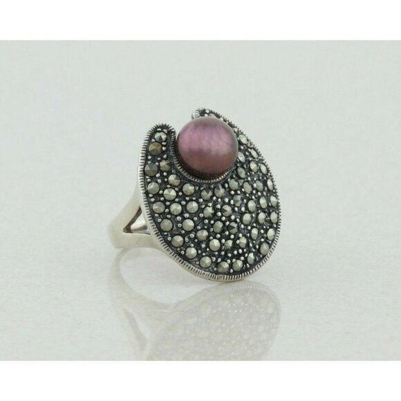 Sterling Silver Brown Pearl and Marcasite Ring Size 7 - Picture 4 of 7